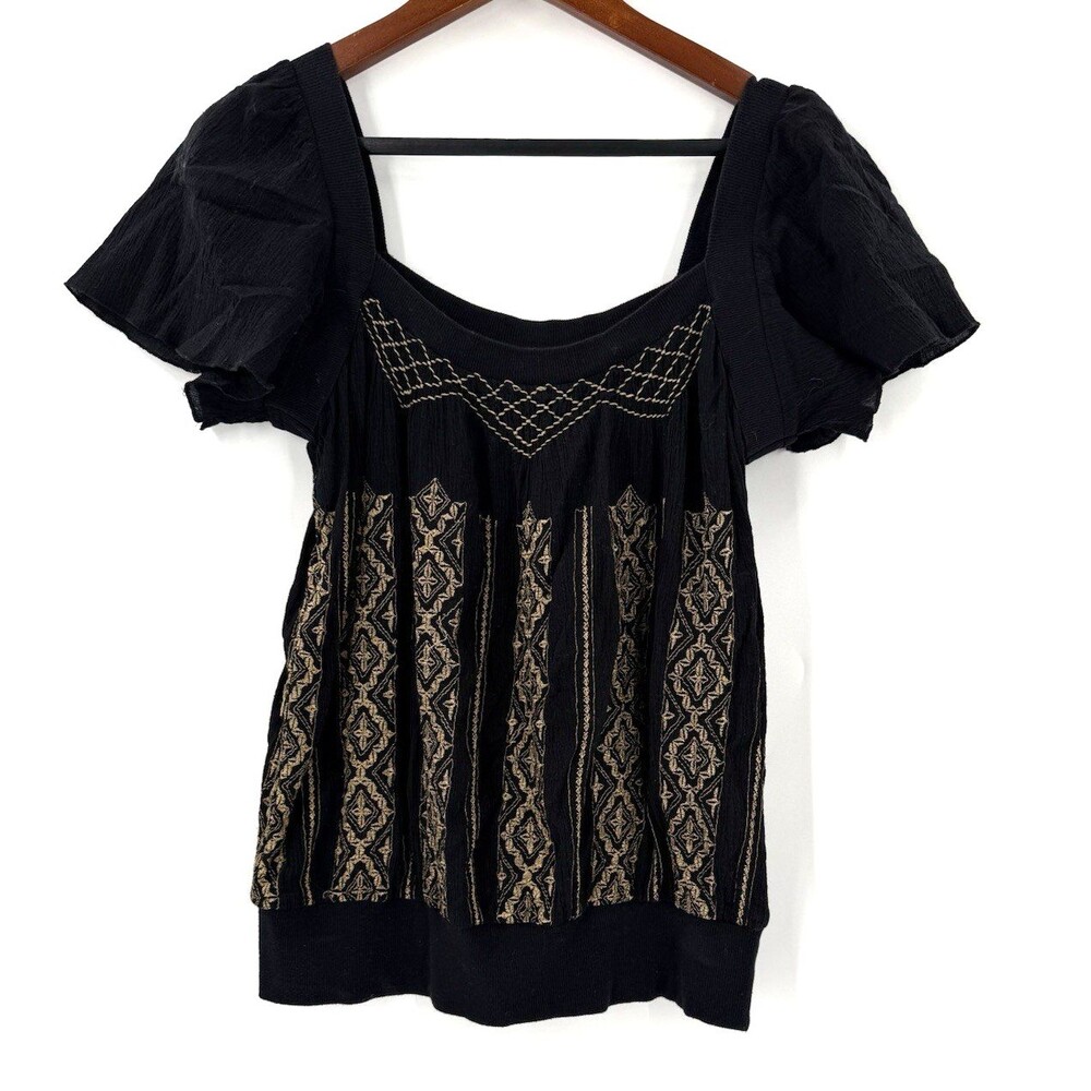 FREE PEOPLE Top Black Gauzy Cotton Pullover Flutter Sleeve Embroidery SIZE 10